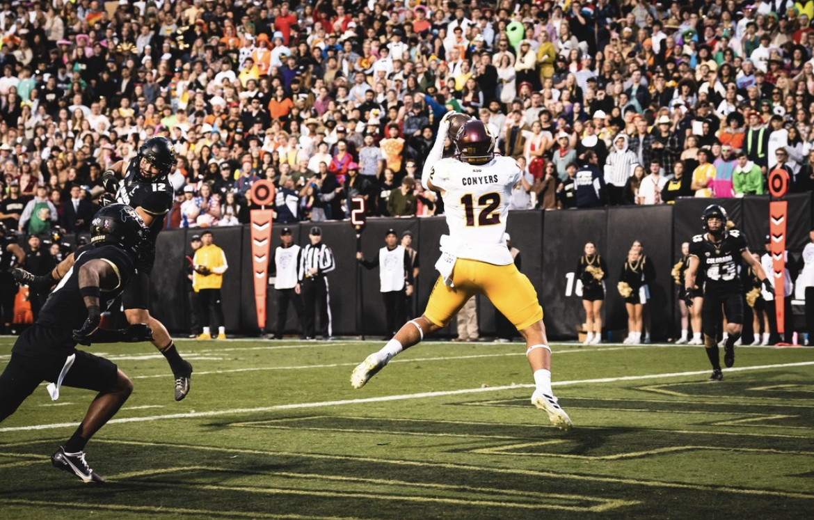 Jalin Conyers catches a touchdown for Arizona State football against Colorado in 2022.