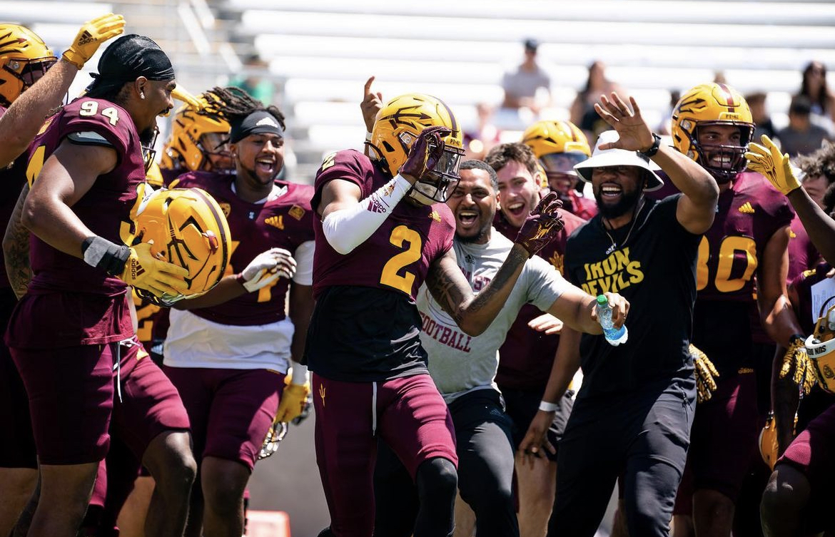 Pac-12 conference member, Arizona State, celebrate during their spring game.