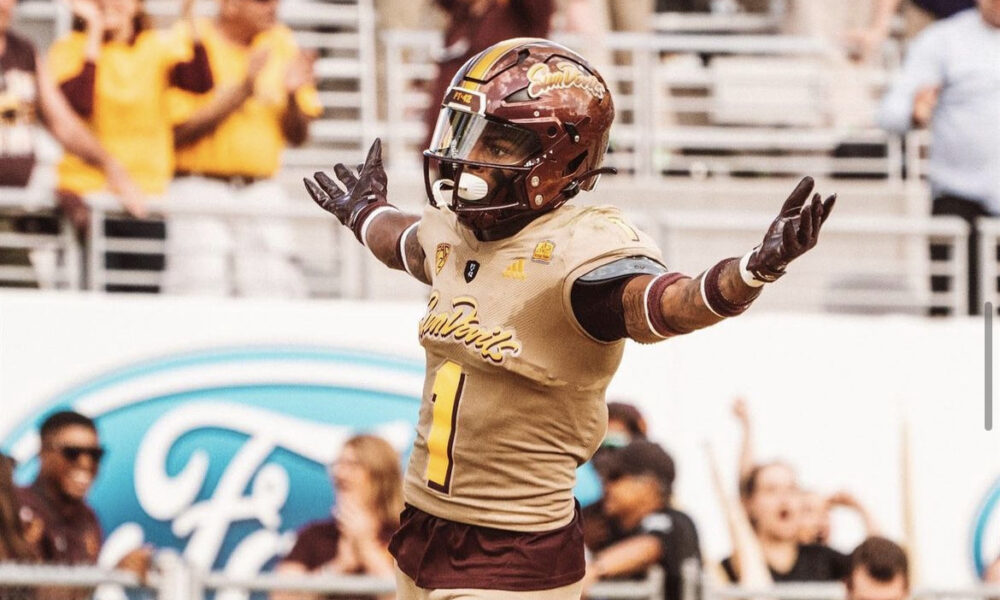 Jordan Clark, who will be representing ASU at Pac-12 Media Day, celebrating a touchdown.