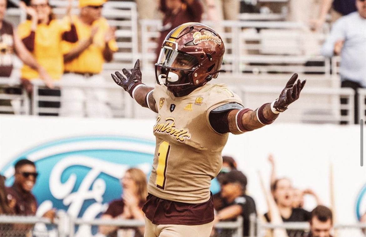 Jordan Clark, who will be representing ASU at Pac-12 Media Day, celebrating a touchdown.