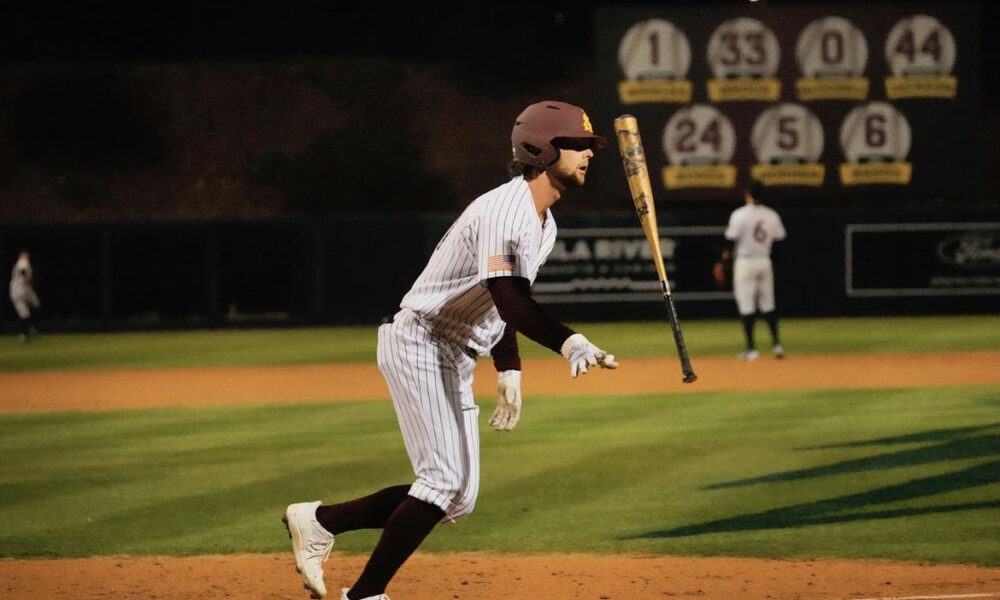 Will Rogers celebrates a hit for Arizona State baseball.