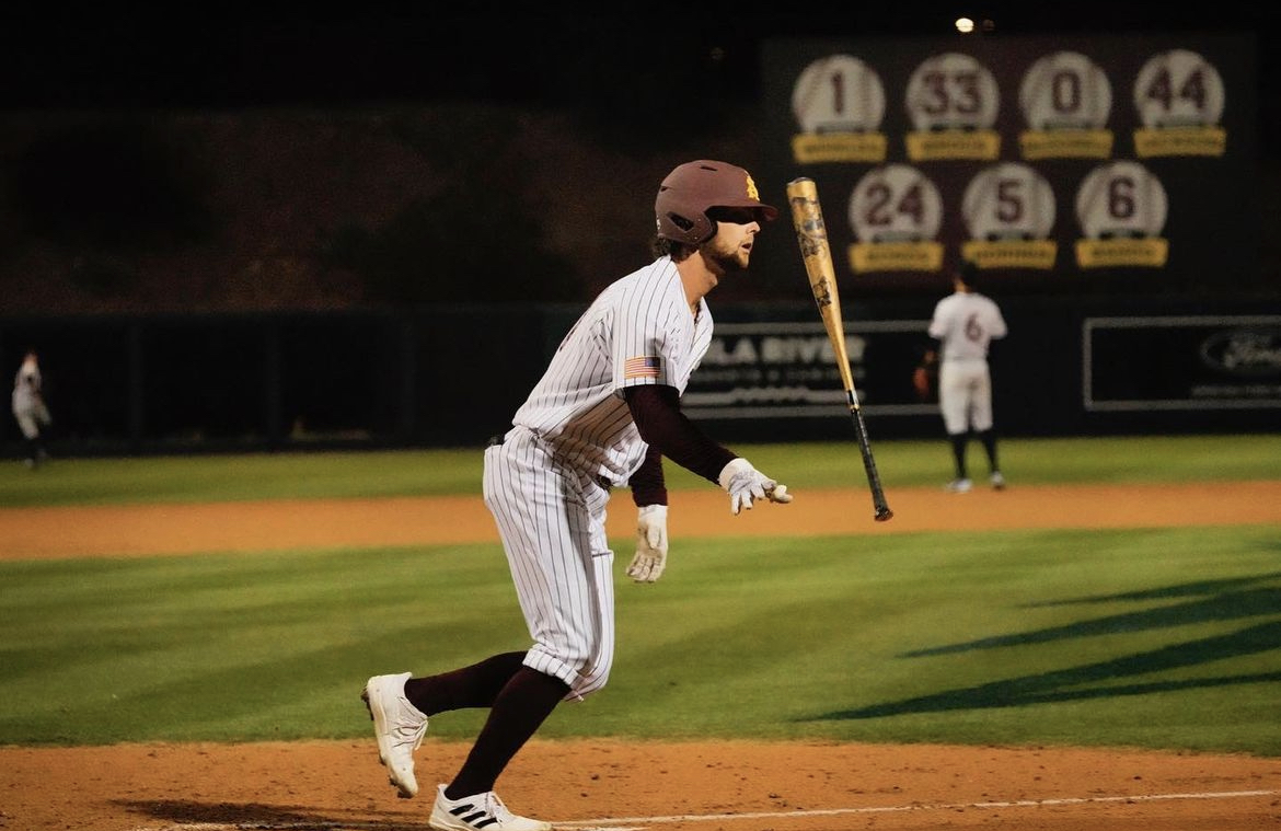 Will Rogers celebrates a hit for Arizona State baseball.