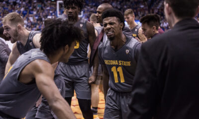 Tra Holder in Arizona State basketball's win over Big 12 opponent Kansas.