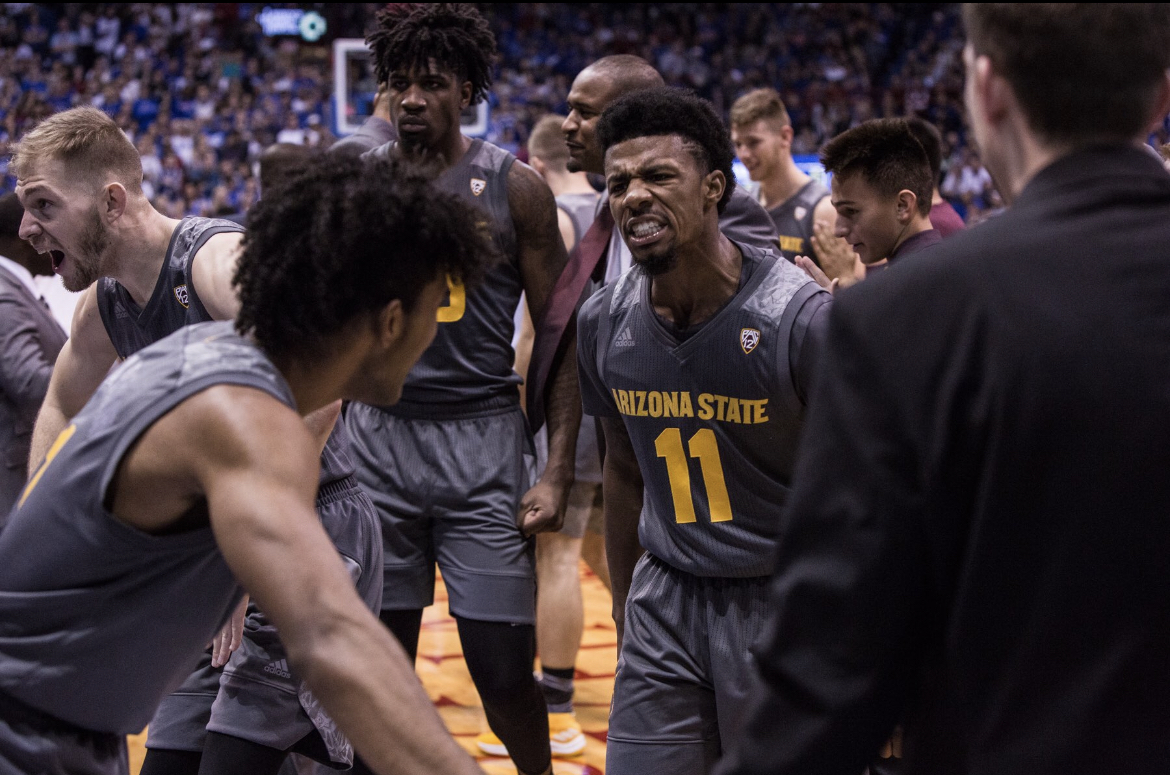 Tra Holder in Arizona State basketball's win over Big 12 opponent Kansas.