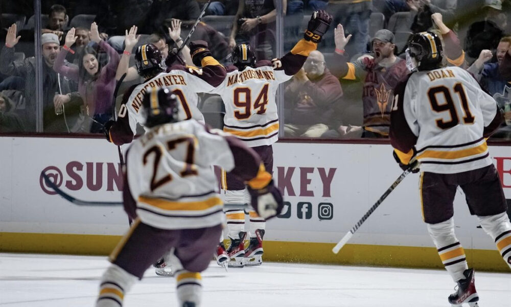 Robert Mastrosimone celebrates a goal for Arizona State hockey