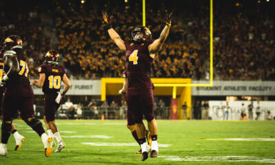 Arizona State running back Cam Skattebo celebrates.