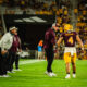 Kenny Dillingham of Arizona State football talks to Cam Skattebo during the Southern Utah game.