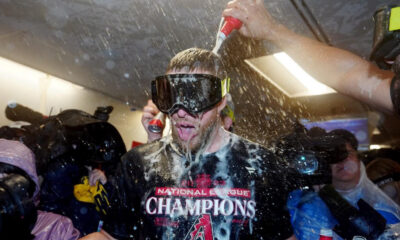 Former Sun Devil Merrill Kelly celebrating the Diamondbacks' NLCS win.