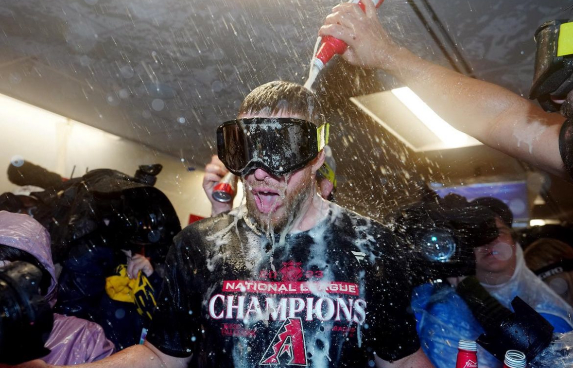 Former Sun Devil Merrill Kelly celebrating the Diamondbacks' NLCS win.