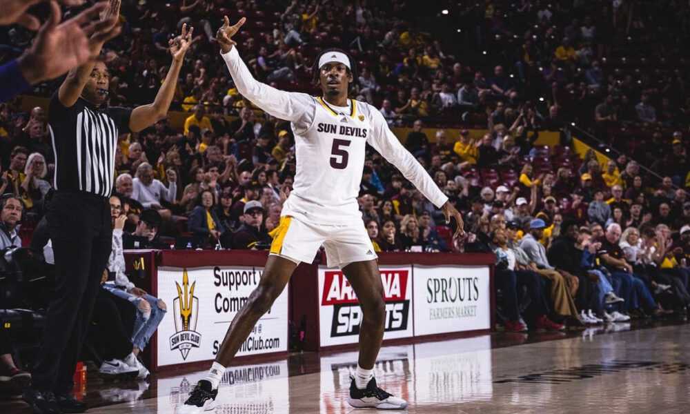 Jamiya Neal of Arizona State basketball celebrates a three-pointer.