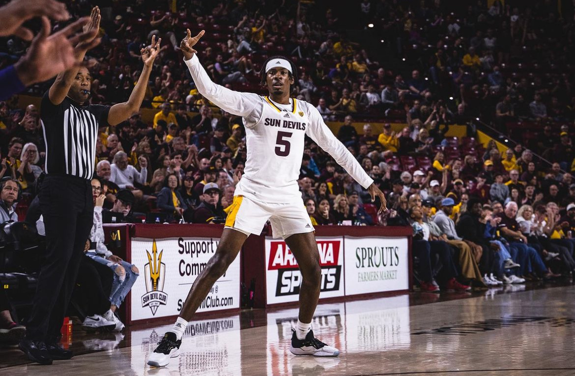 Jamiya Neal of Arizona State basketball celebrates a three-pointer.