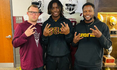 Arizona State football head coach Kenny Dillingham and defensive backs coach Bryan Carrington visiting Tony-Louis Nkuba.