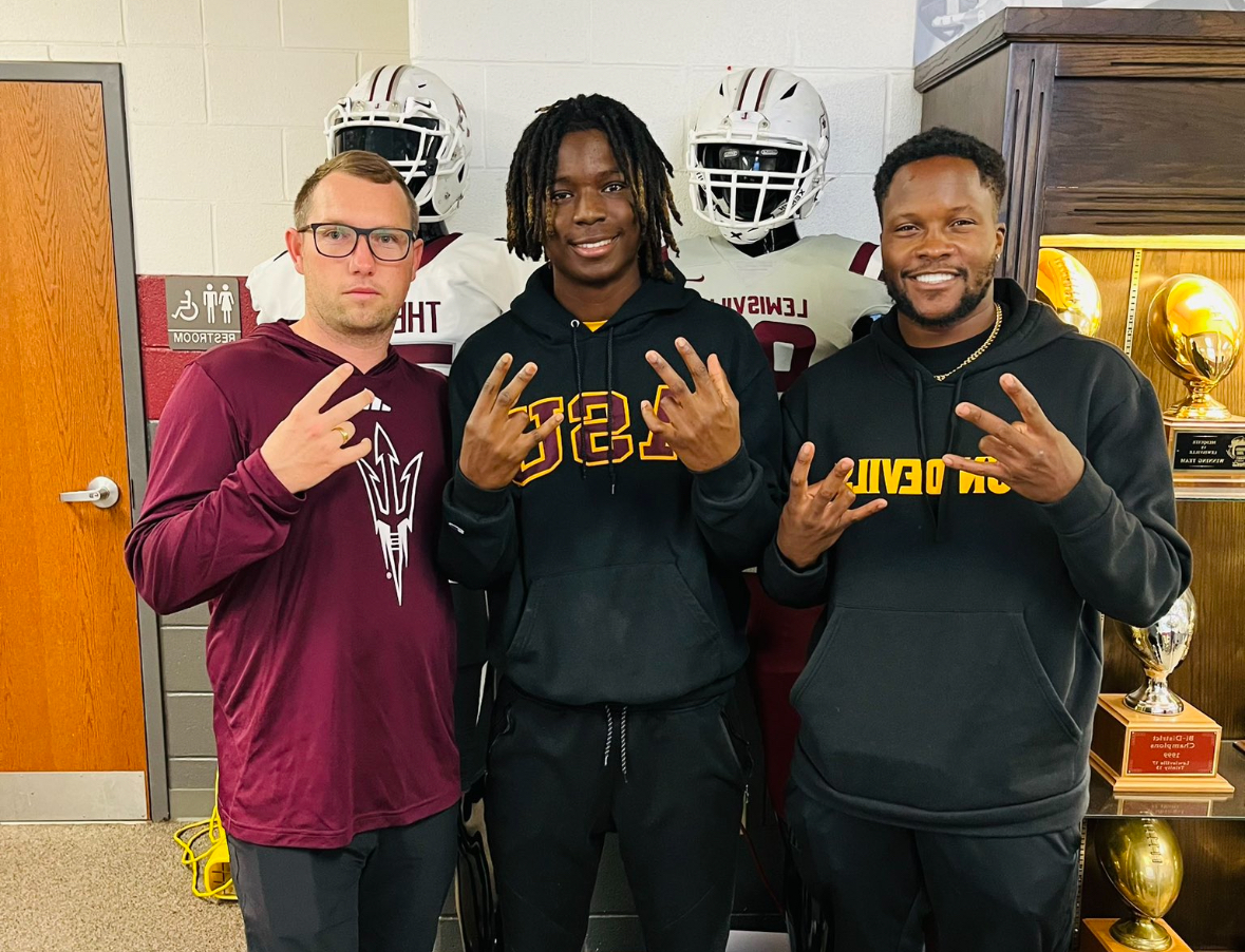 Arizona State football head coach Kenny Dillingham and defensive backs coach Bryan Carrington visiting Tony-Louis Nkuba.