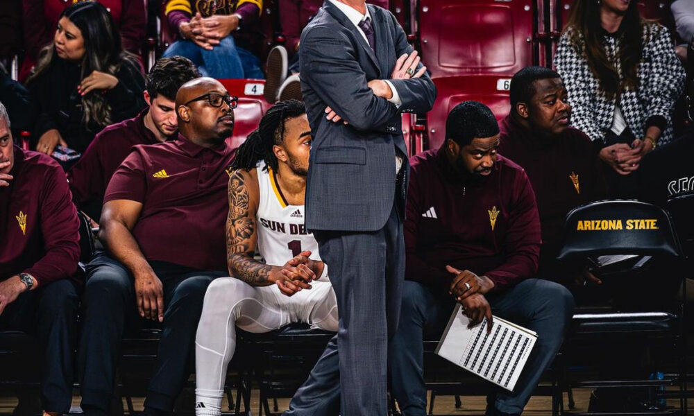 Head coach Bobby Hurley on the sideline for Arizona State basketball.