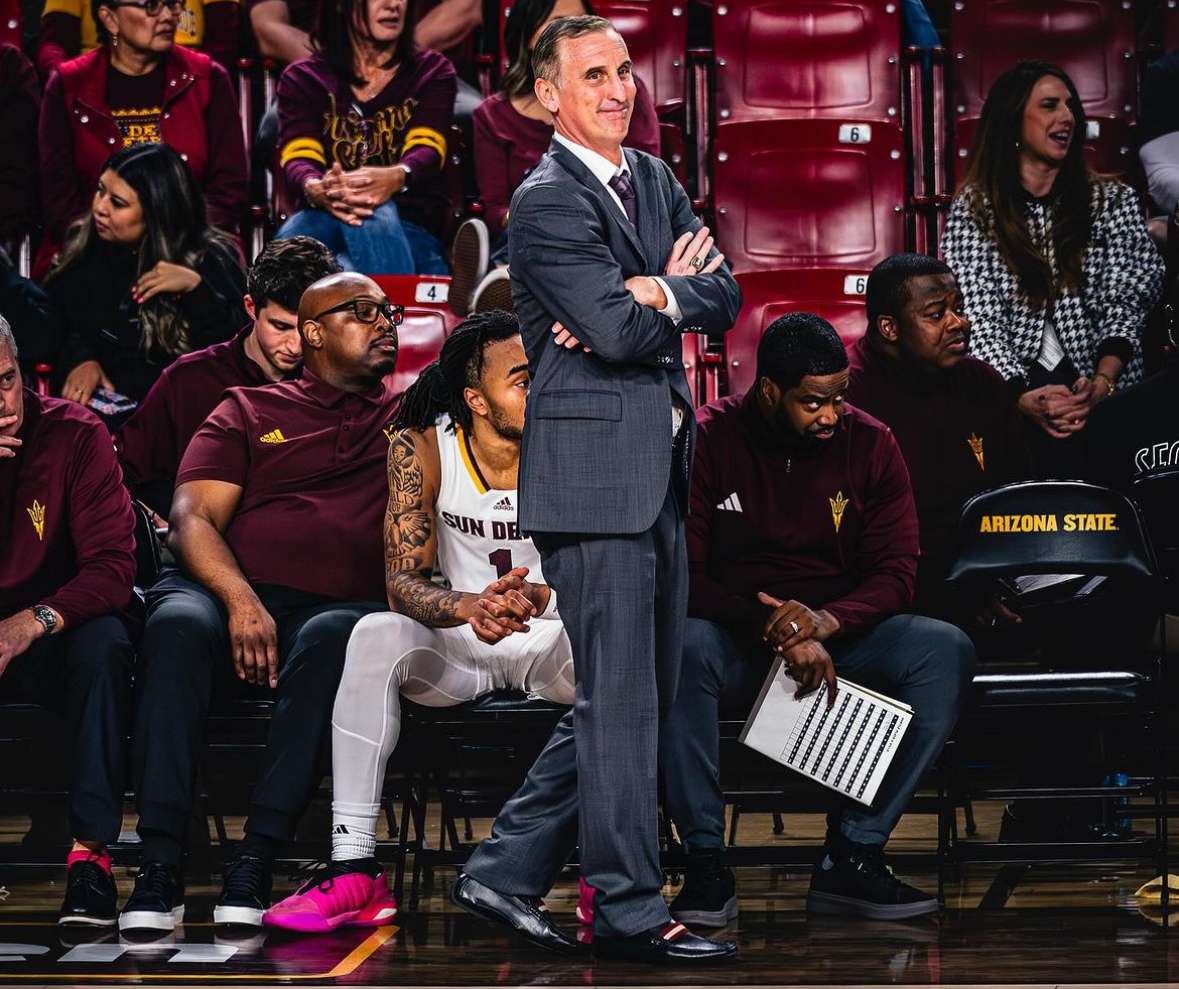 Head coach Bobby Hurley on the sideline for Arizona State basketball.