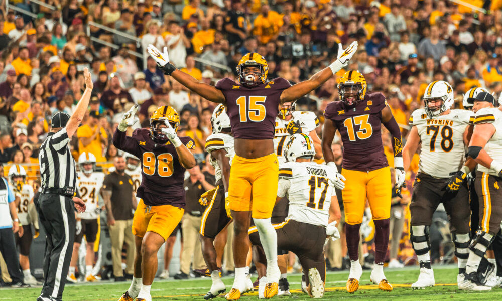 Elijah O'Neal of Arizona State football celebrates a defensive stop.