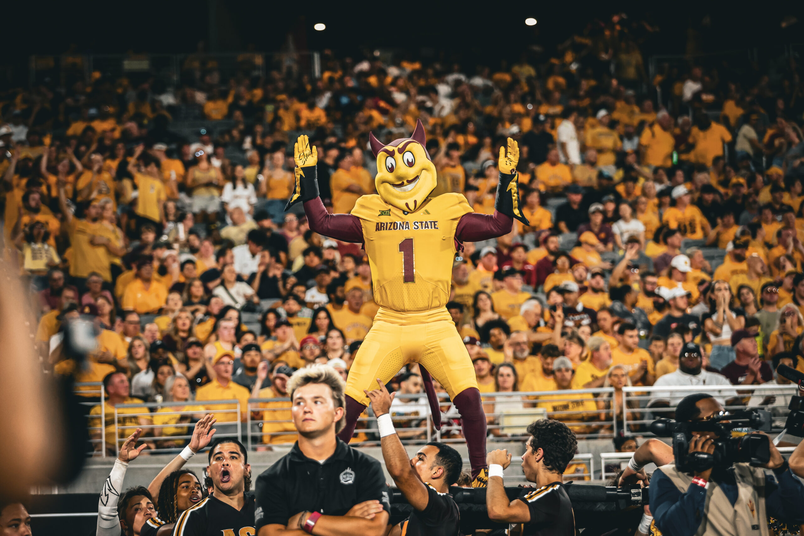 The mascot for ASU football, Sparky, stands during the game against Mississippi State.