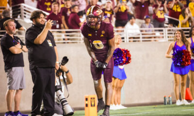 Jordyn Tyson of ASU football celebrates a touchdown against Kansas.