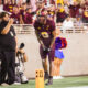 Jordyn Tyson of ASU football celebrates a touchdown against Kansas.