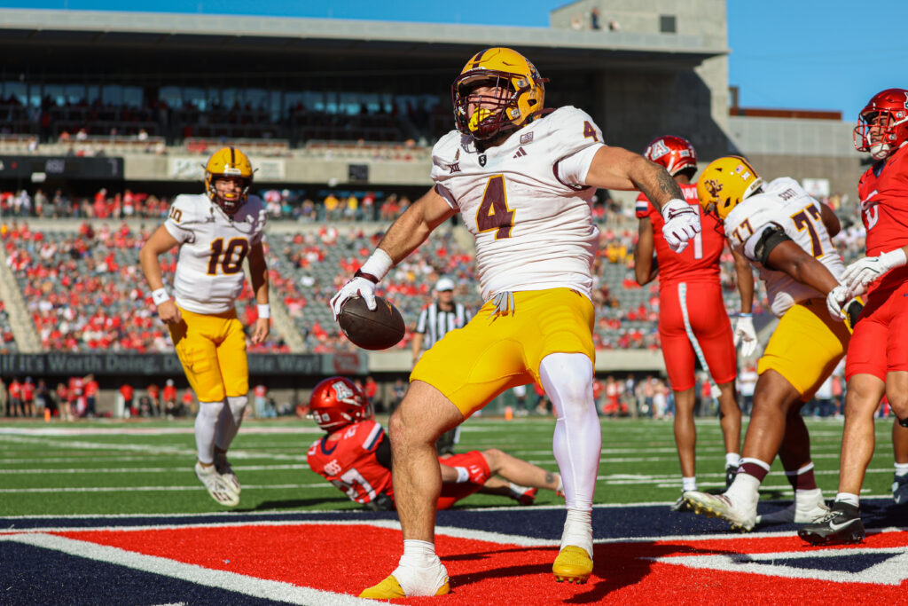 Arizona State running back Cam Skattebo celebrates a touchdown in the Territorial Cup against Arizona on Nov. 30, 2024. (Photo by Sedona Levy/Sun Devil Daily)