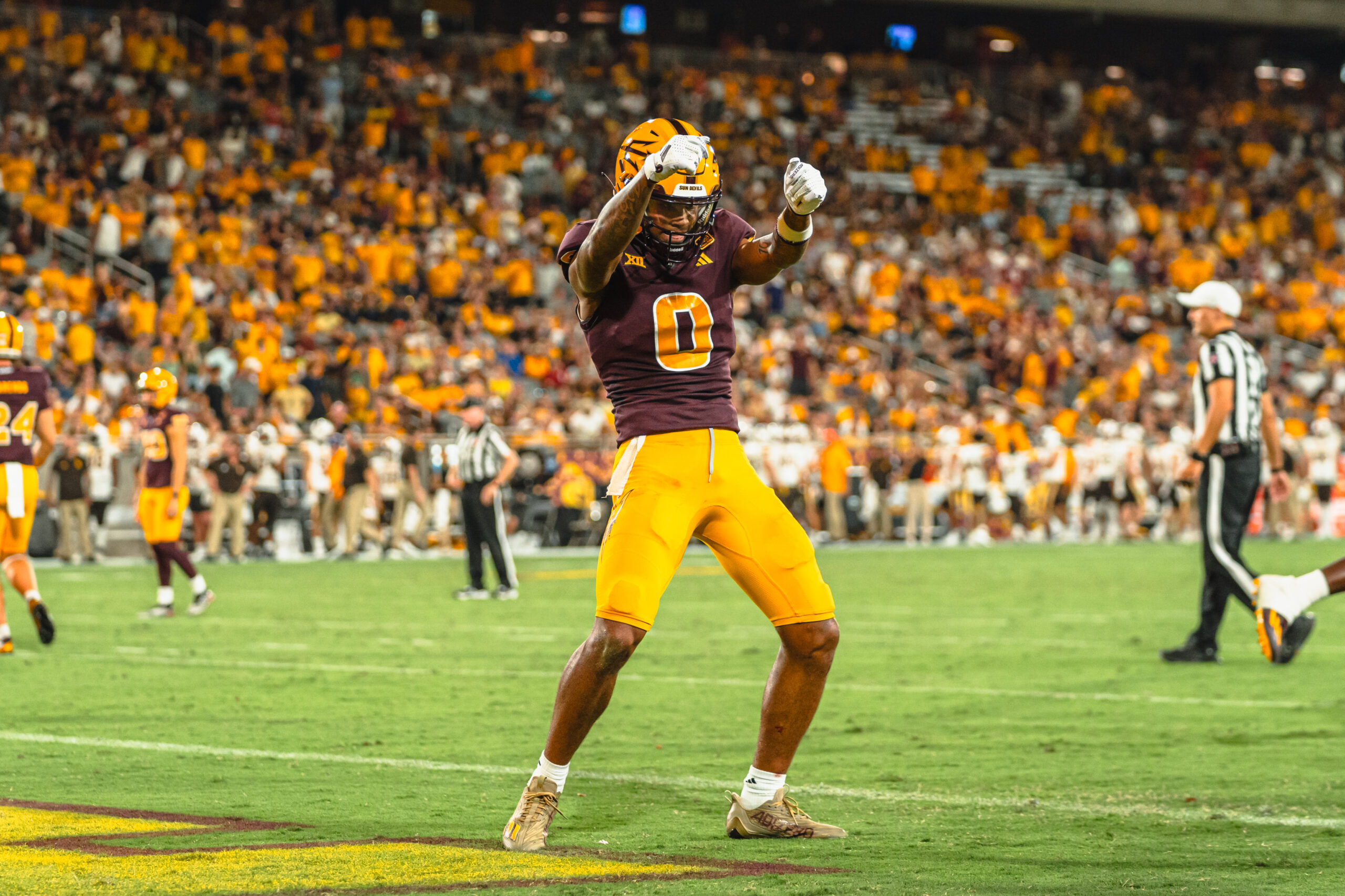 Jordyn Tyson of ASU football celebrates against Wyoming.