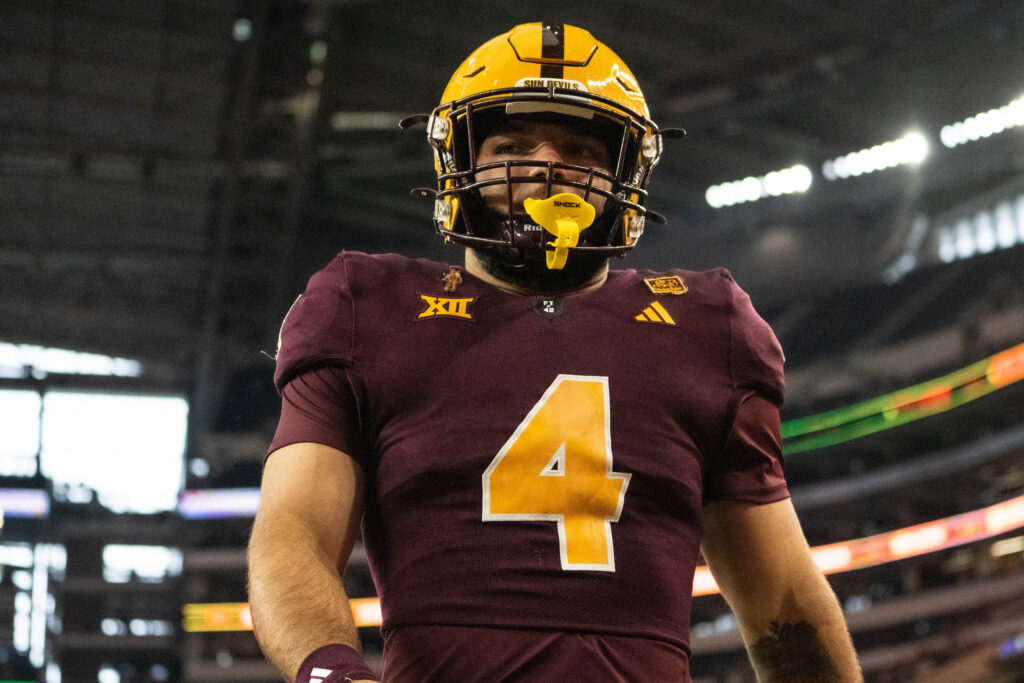 Cam Skattebo warms up prior to the Big 12 Championship Game. (Photo by Truitt Robinson/Sun Devil Daily)