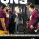 Arizona State running back Cam Skattebo (left of trophy) and coach Kenny Dillingham (right of trophy) accept the Big 12 Championship Trophy at AT&T Stadium on Dec. 7, 2024. (Photo by Truitt Robinson/Sun Devil Daily)