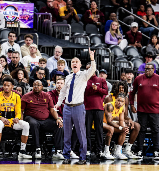 Coach Bobby Hurley leads Arizona State basketball to a victory over GCU at the Footprint Center on Nov. 14, 2024. (Photo by Spencer Barnes/Sun Devil Daily)