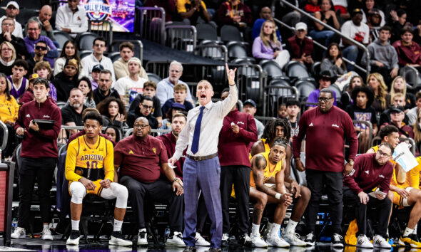 Coach Bobby Hurley leads Arizona State basketball to a victory over GCU at the Footprint Center on Nov. 14, 2024. (Photo by Spencer Barnes/Sun Devil Daily)