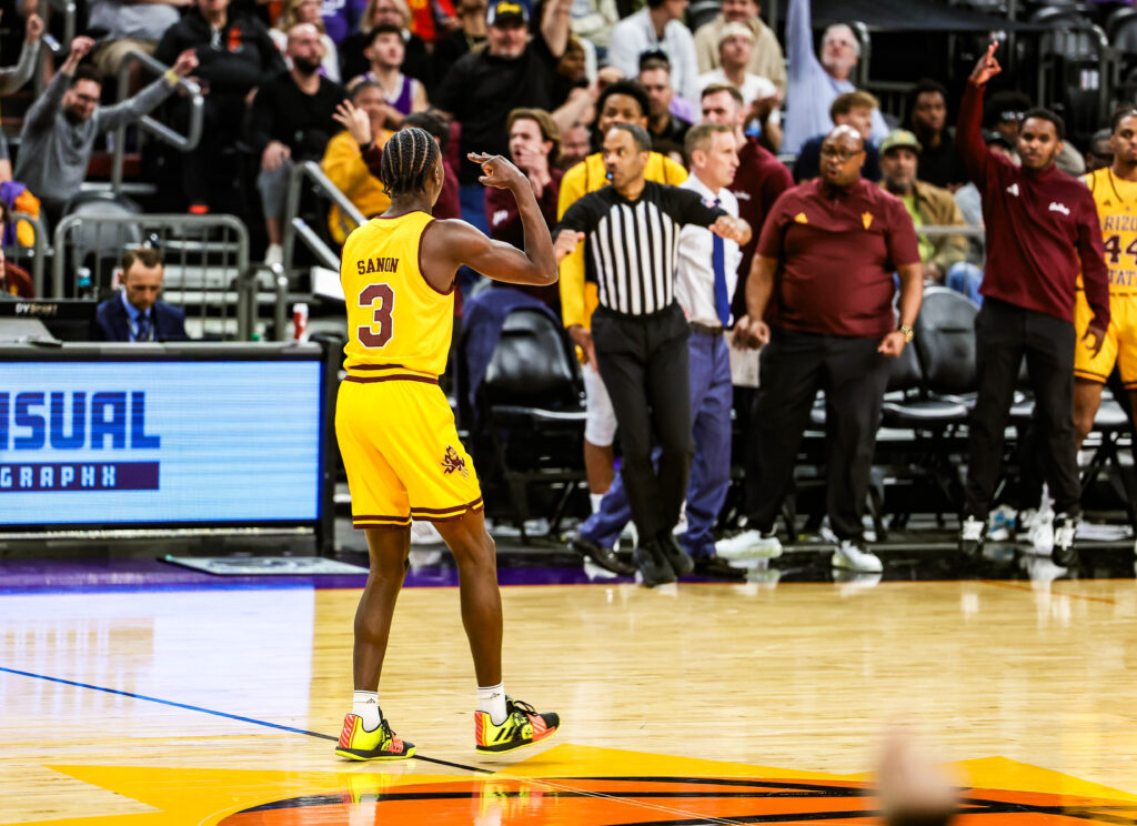 Arizona State guard Joson Sanon celebrates a three-pointer at The Footprint Center in downtown Phoenix. Sanon scored a season-high 21-points in a crosstown showdown against GCU on Nov. 14, 2024. (Photo by Spencer Barnes/Sun Devil Daily)