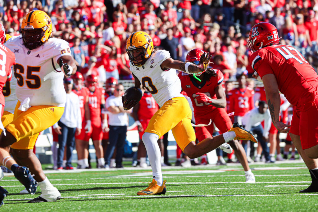 Jordyn Tyson ran wild on Arizona's defense, tallying 143 receiving yards on eight receptions and adding a touchdown, before leaving the game with an injury. (Photo by Sedona Levy/Sun Devil Daily)