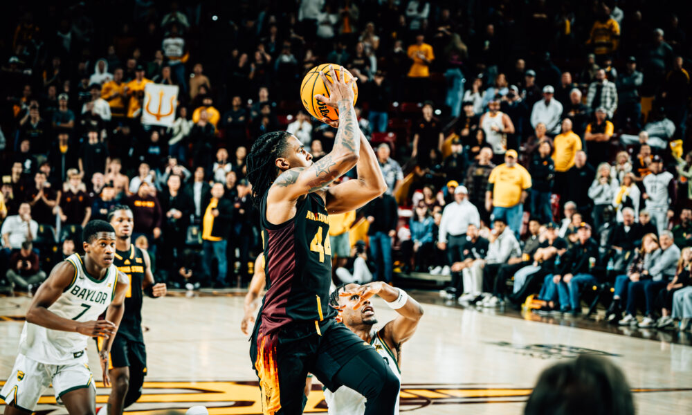 Arizona State basketball's Adam Miller shoots a game-tying shot in the final seconds of a game against Baylor on Jan. 11, 2025 at Desert Financial Arena. (Photo by Daniel Appel/Sun Devil Daily)