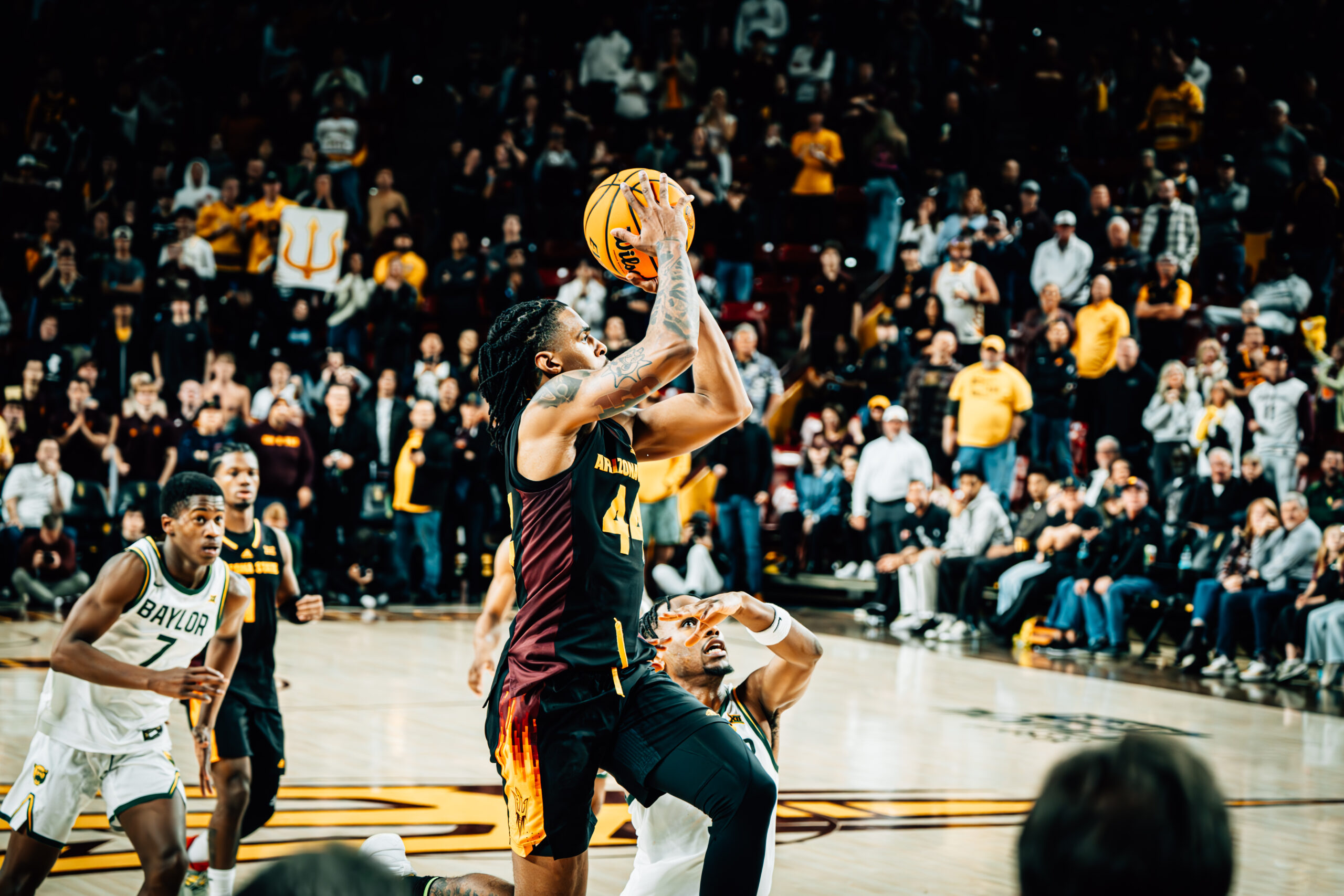 Arizona State basketball's Adam Miller shoots a game-tying shot in the final seconds of a game against Baylor on Jan. 11, 2025 at Desert Financial Arena. (Photo by Daniel Appel/Sun Devil Daily)