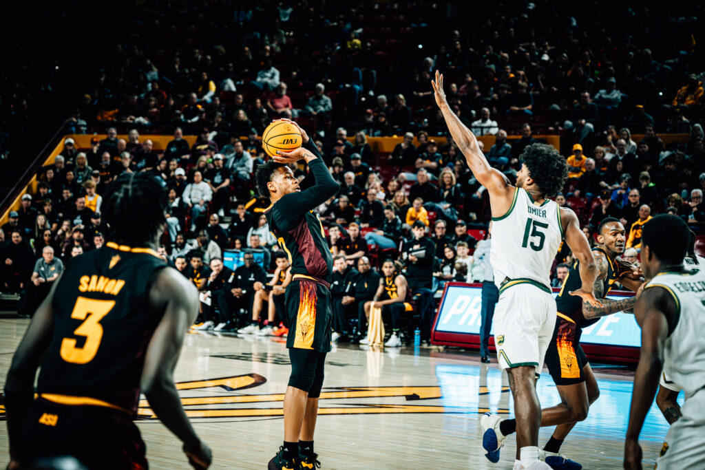 BJ Freeman (with ball) takes a three against Baylor on Jan. 11, 2025, at Desert Financial Arena. Freeman had 22 points for Arizona State in the overtime loss to the Bears. (Photo by Daniel Appel/Sun Devil Daily)