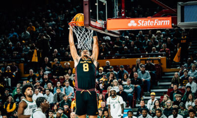 Basheer Jihad of ASU basektball dunks against Baylor on Jan. 11, 2025, at Desert Financial Arena. (Photo by Daniel Appel/Sun Devil Daily)