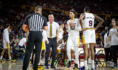 Bobby Hurley, coach of ASU basketball, berates the officials during a timeout in ASU's matchup with UCF on Jan. 14, 2025. (Photo by Sedona Levy/Sun Devil Daily)