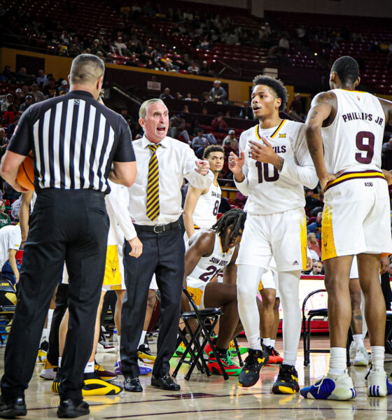 Bobby Hurley, coach of ASU basketball, berates the officials during a timeout in ASU's matchup with UCF on Jan. 14, 2025. (Photo by Sedona Levy/Sun Devil Daily)