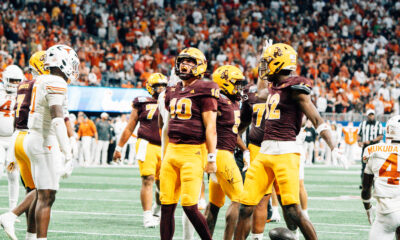 Arizona State quarterback Sam Leavitt hypes up the crowd in Arizona State's first ever CFP game at Mercedes-Benz Stadium in Atlanta on Jan. 1, 2025. (Photo by Daniel Appel/Sun Devil Daily)