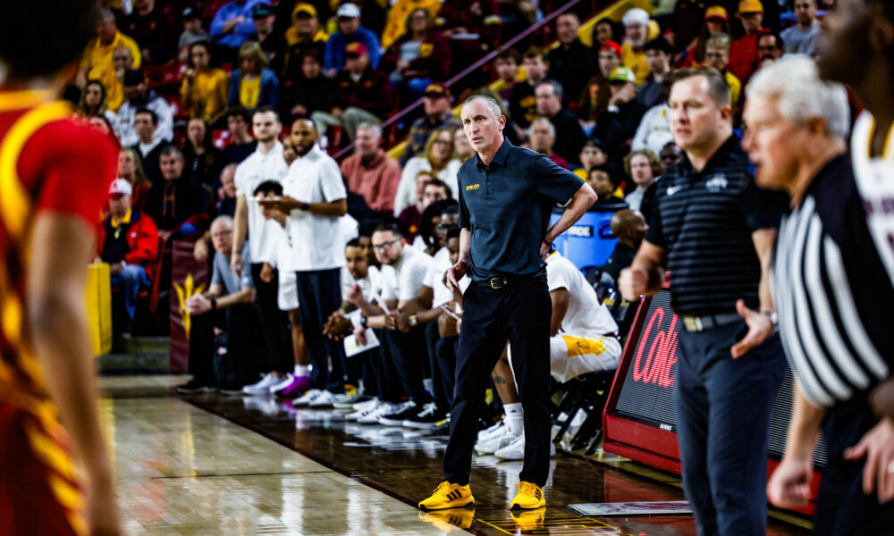 Bobby Hurley coaches Arizona State from the sideline against Iowa State. ISU coach T.J. praised Hurley after the game for having the Sun Devils well prepared for the matchup. (Photo by Spencer Barnes/Sun Devil Daily)