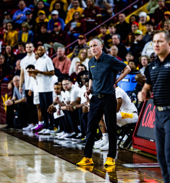 Bobby Hurley coaches Arizona State from the sideline against Iowa State. ISU coach T.J. praised Hurley after the game for having the Sun Devils well prepared for the matchup. (Photo by Spencer Barnes/Sun Devil Daily)