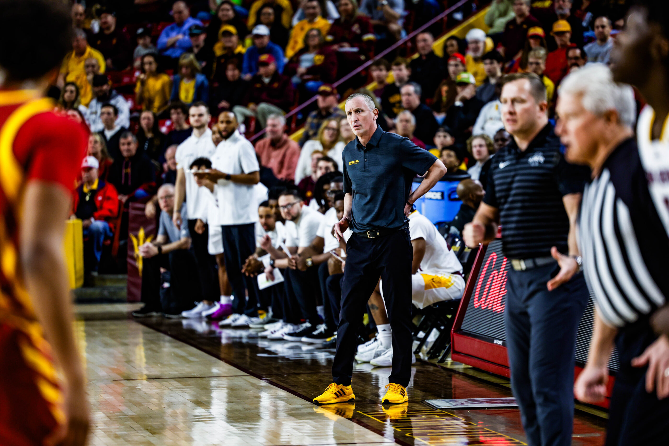 Bobby Hurley coaches Arizona State from the sideline against Iowa State. ISU coach T.J. praised Hurley after the game for having the Sun Devils well prepared for the matchup. (Photo by Spencer Barnes/Sun Devil Daily)