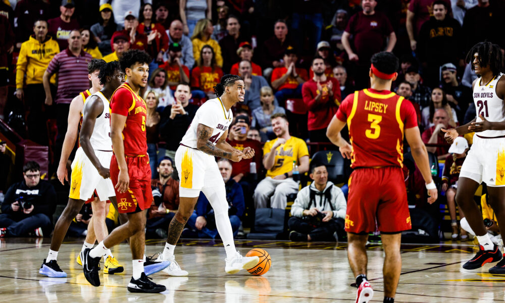 Arizona State basketball player Adam Miller reacts against Iowa State in Tempe on Saturday, Jan. 25, 2025.