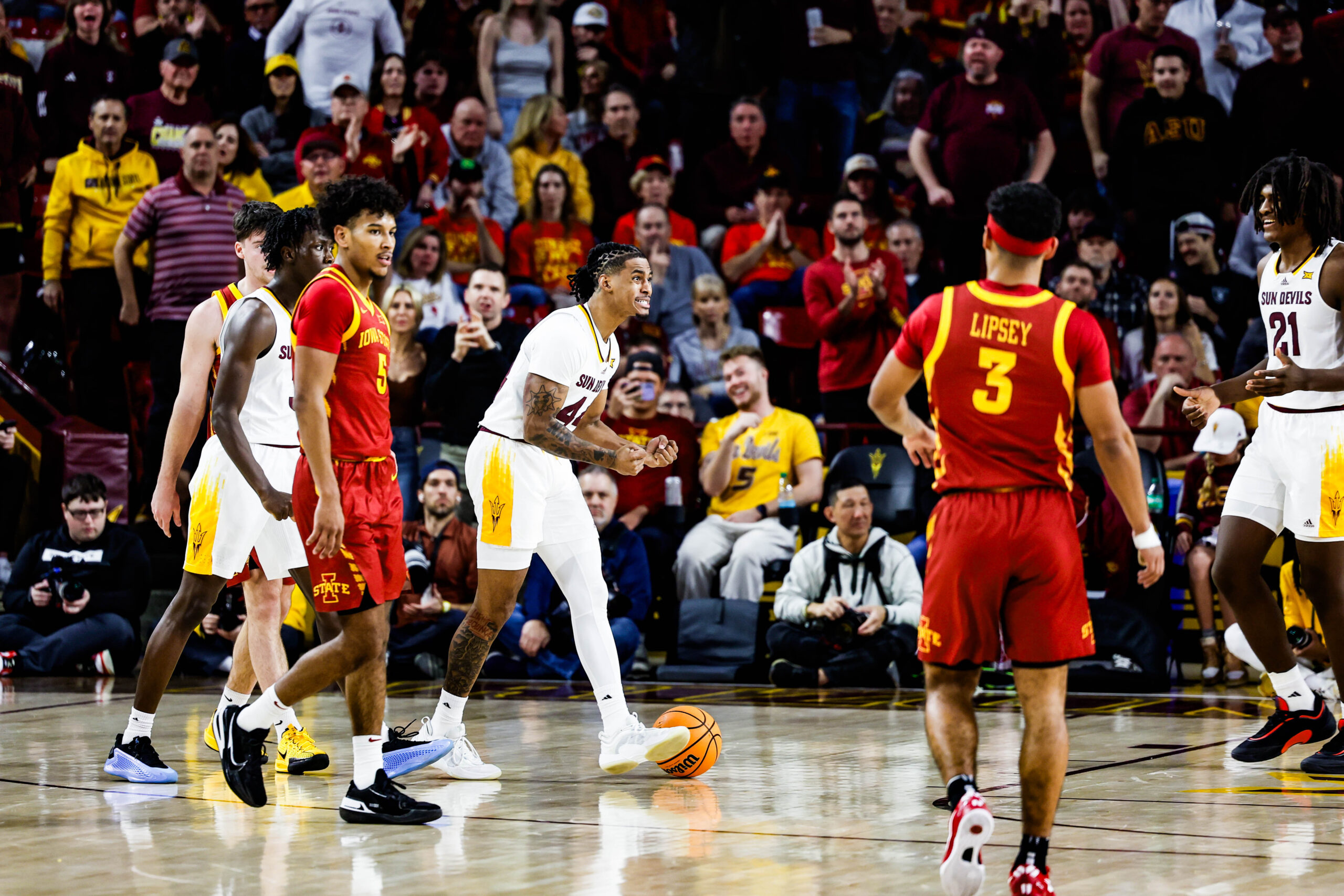 Arizona State basketball player Adam Miller reacts against Iowa State in Tempe on Saturday, Jan. 25, 2025.