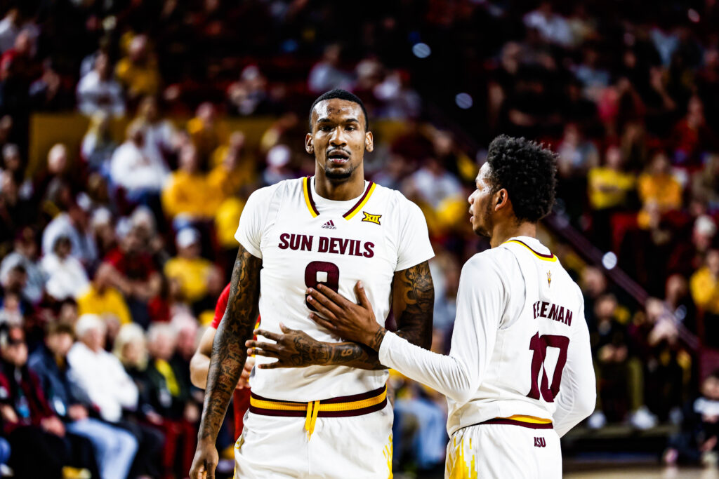 Shawn Phillips scored five points and added four blocks against Iowa State in Tempe on Jan. 25, 2025. (Photo by Spencer Barnes/Sun Devil Daily)