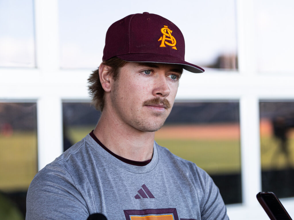 Ben Jacobs speaks to the media in a preseason availability at Phoenix Municipal Stadium. (Photo by Joshua Eaton/Sun Devil Daily)