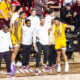 ASU coaches and player BJ Freeman react to an exciting moment in ASU's game against Arizona on Feb. 1, 2025 in Tempe.