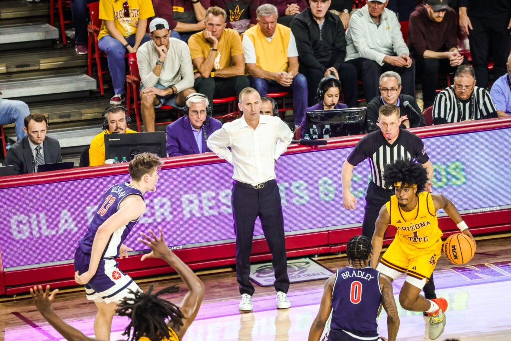 Arizona State coach Bobby Hurley looks as the Sun Devils duel the Wildcats in Tempe on Feb. 1, 2025. (Photo by Sedona Levy/Sun Devil Daily)