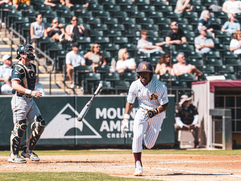 ASU baseball's Kyle Walker sprints out of the box after getting a hit against Oral Roberts. (Photo by Joshua Eaton/Sun Devil Daily)