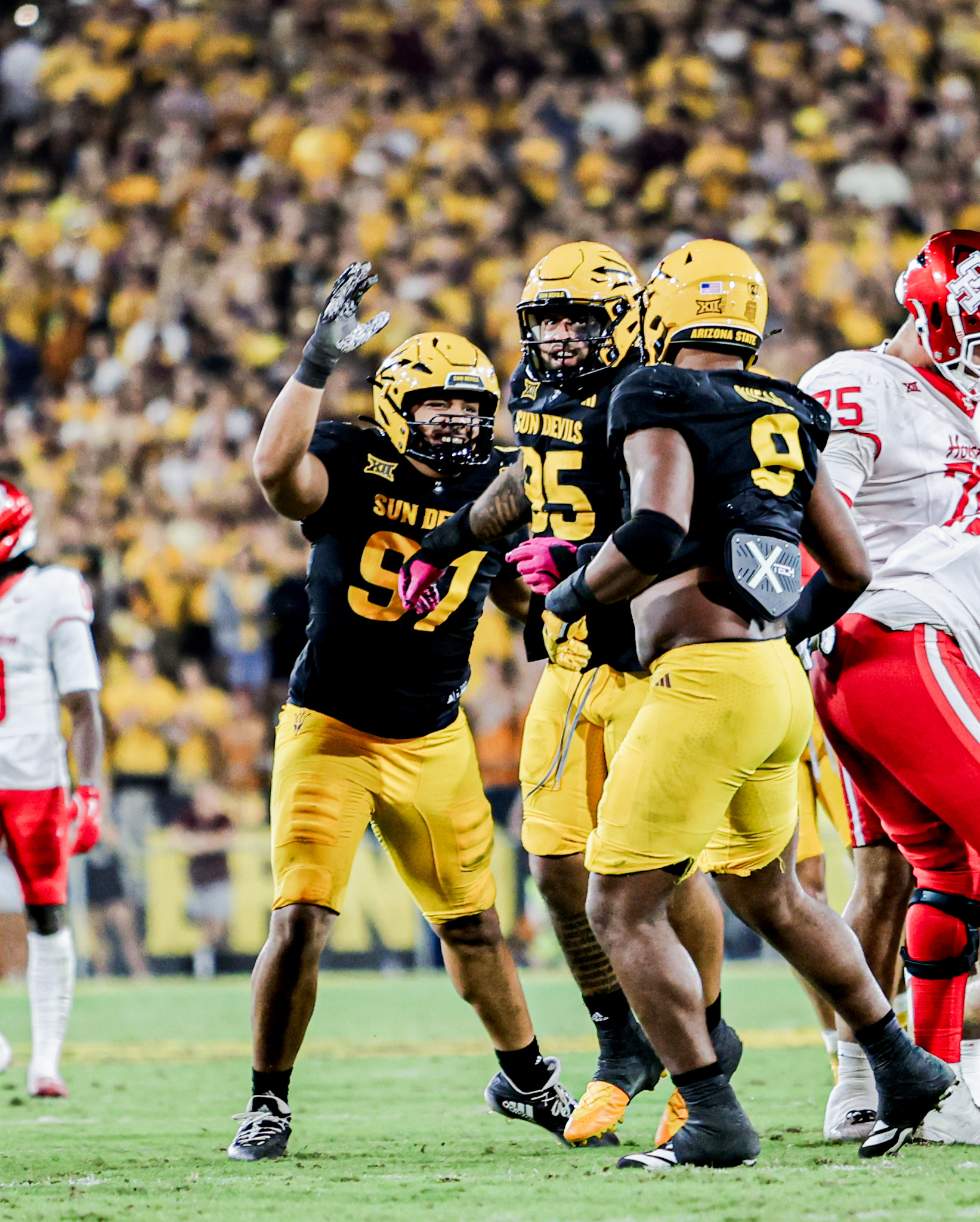 ASU defense celebrates big play against Houston on Oct. 25, 2025. Photo by Sedona Levy/Sun Devil Daily.