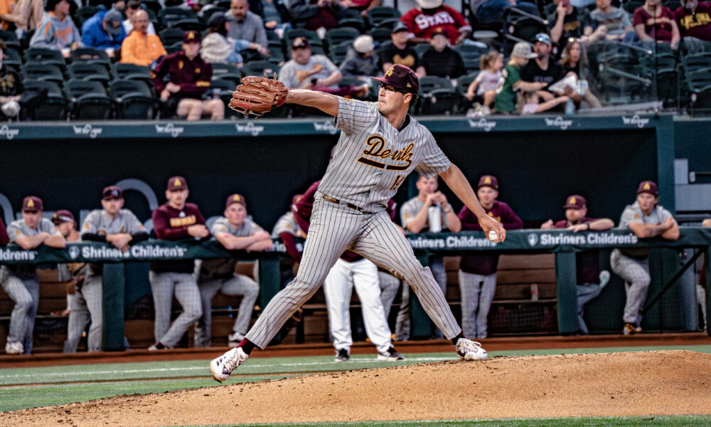 Carlon (14) delivers a pitch in ASU's Friday matchup against MSST at Globe Life Field in Arlington, Texas